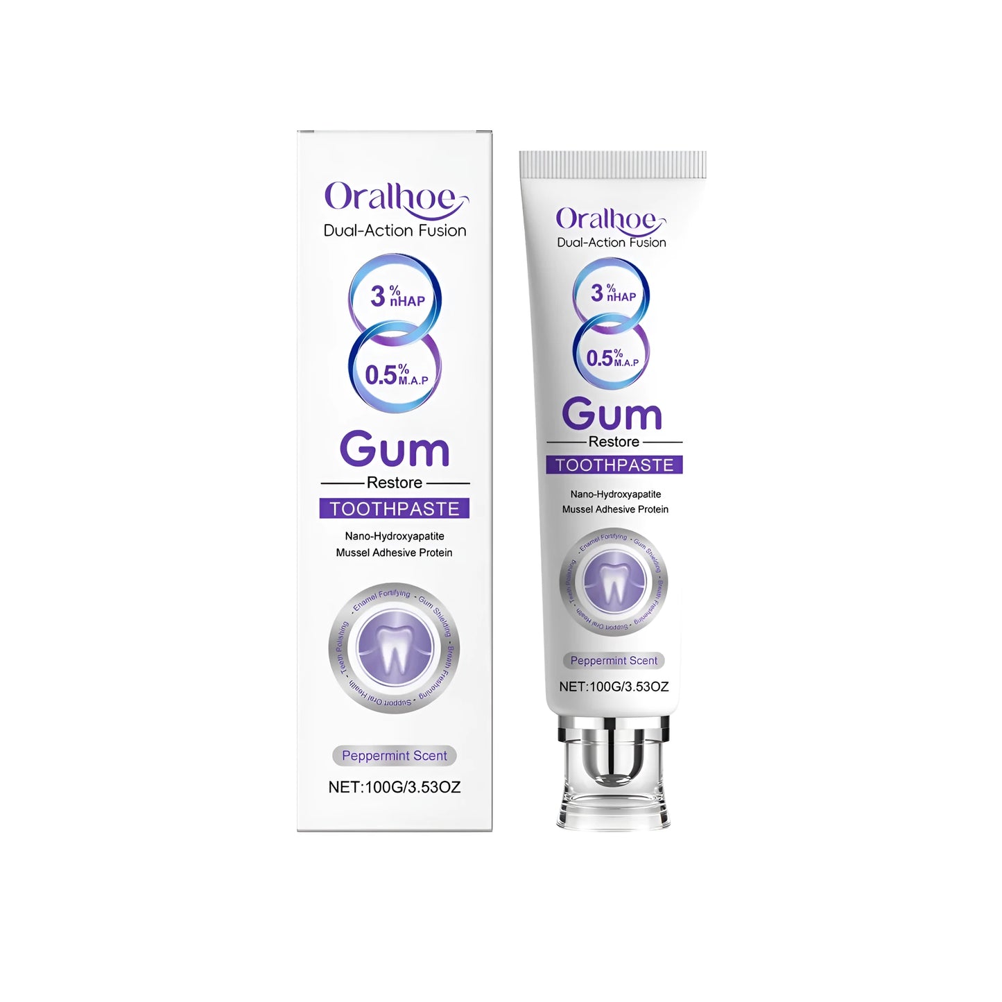 100g tube of Gum Restore Toothpaste with hydroxyapatite and mussel protein, mint flavoured.