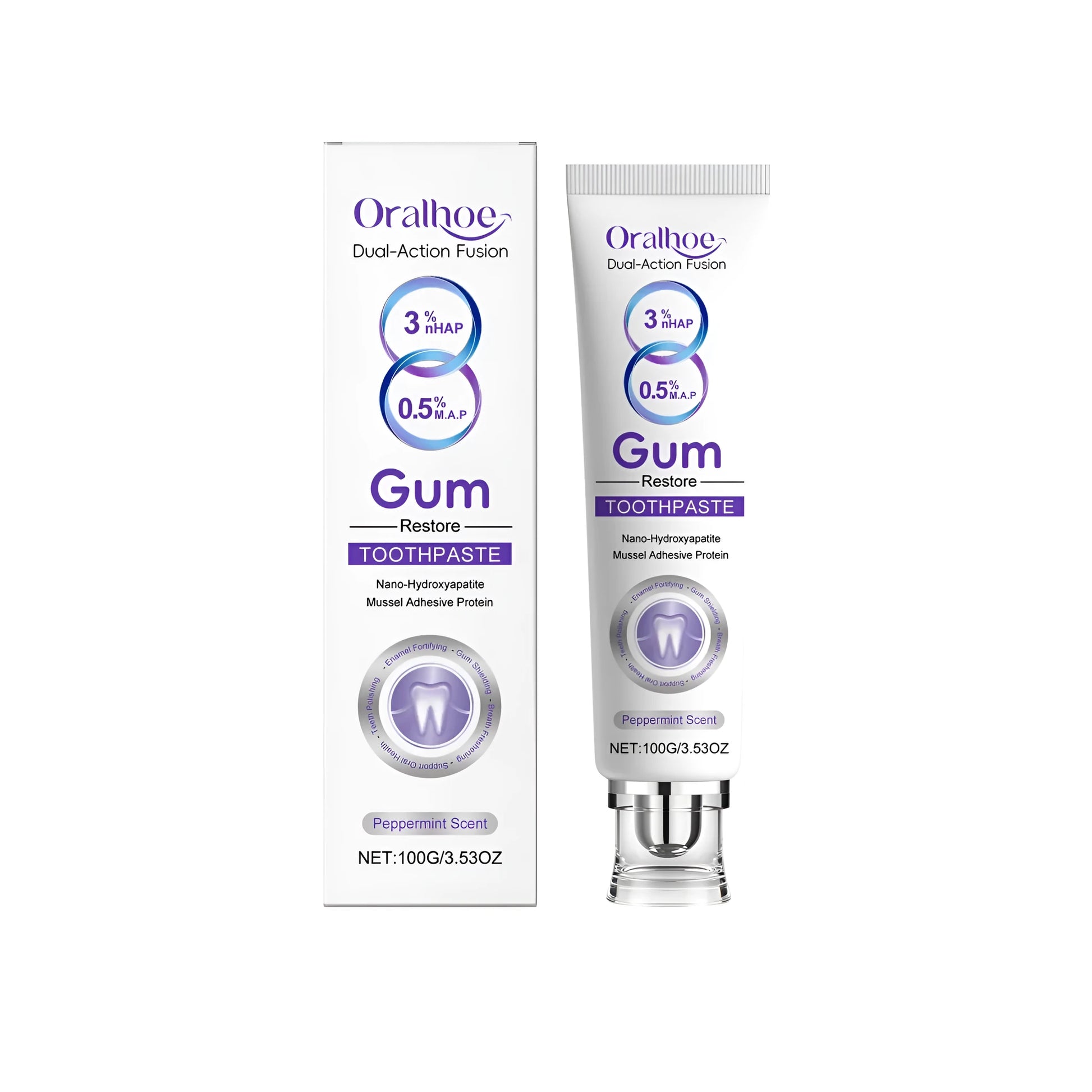 100g tube of Gum Restore Toothpaste with hydroxyapatite and mussel protein, mint flavoured.