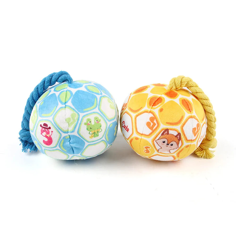 Cotton rope elastic football dog toy in bright cartoon colours for chewing and interactive play