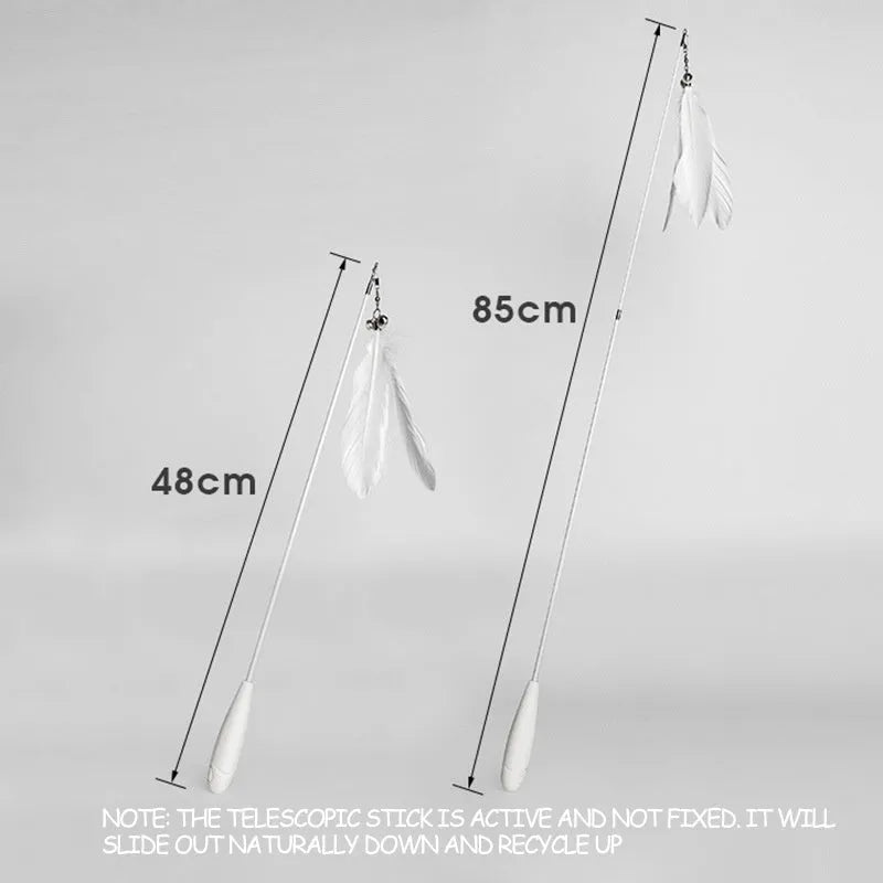 Telescopic fishing rod toy for cats with self-hi bell and removable pen, extending from 48cm to 80cm, featuring goose feather lure and fibre rod shaft in feather, black, or white colour options