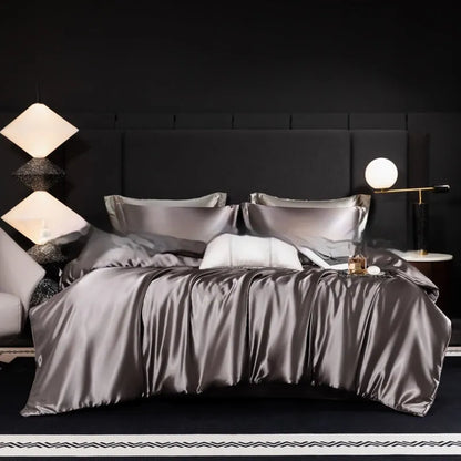 Household Fashion silk bed sheet four-piece set in Ash Purple colour on UK double bed