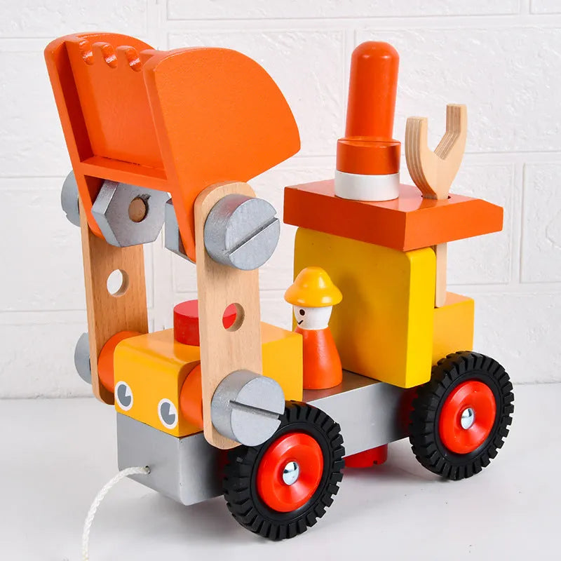 Wooden disassembling excavator toy for children 4-6, 23cm x 12.5cm x 18.5cm, educational construction vehicle in colour box