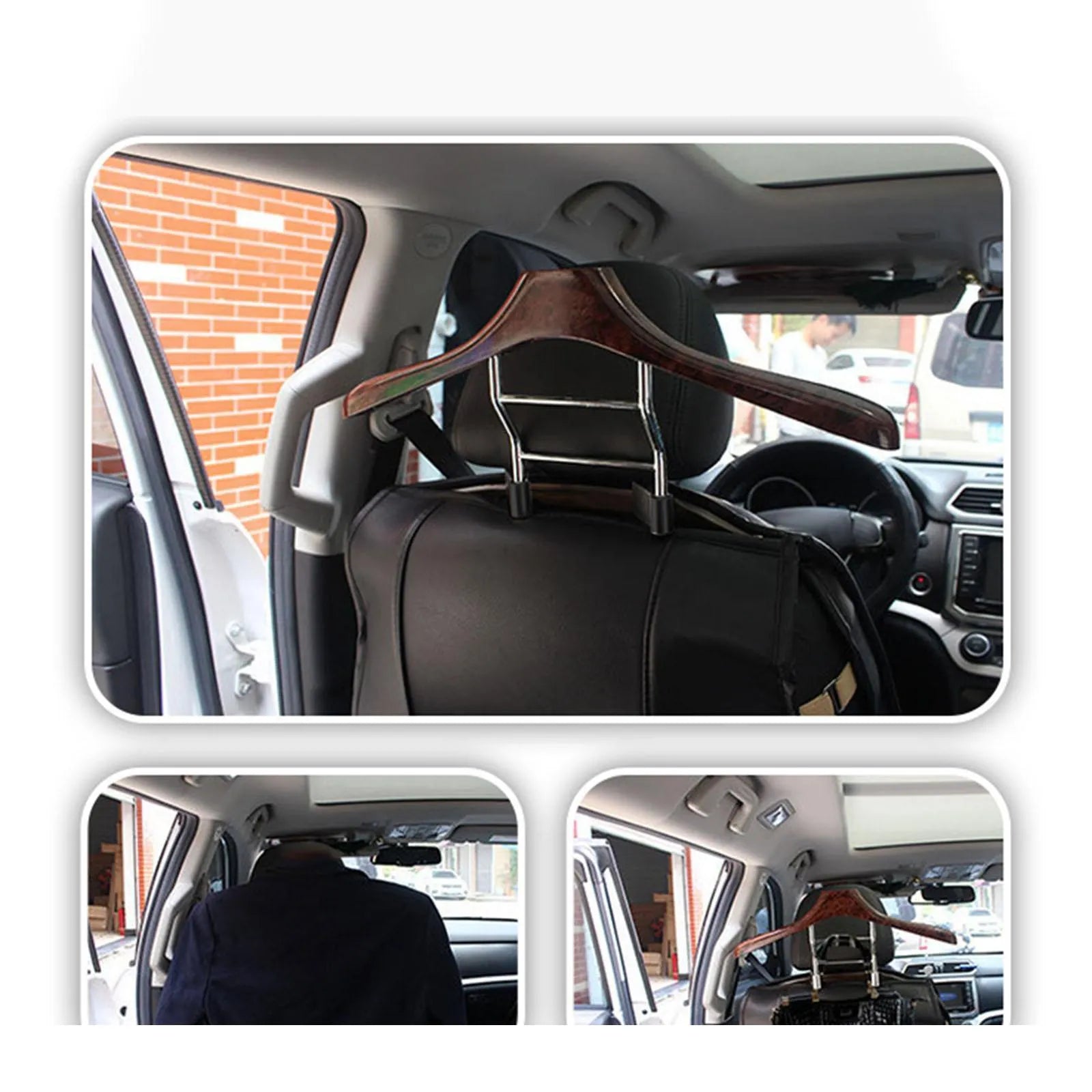 Wood yellow stainless steel car clothes hanger for suits and jackets on a car headrest.