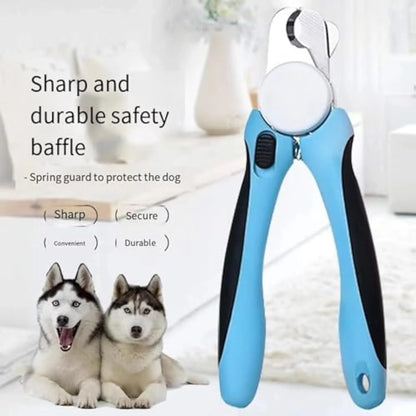 Blue heavy-duty dog nail clippers with safety guard and ergonomic non-slip handles on a white background.