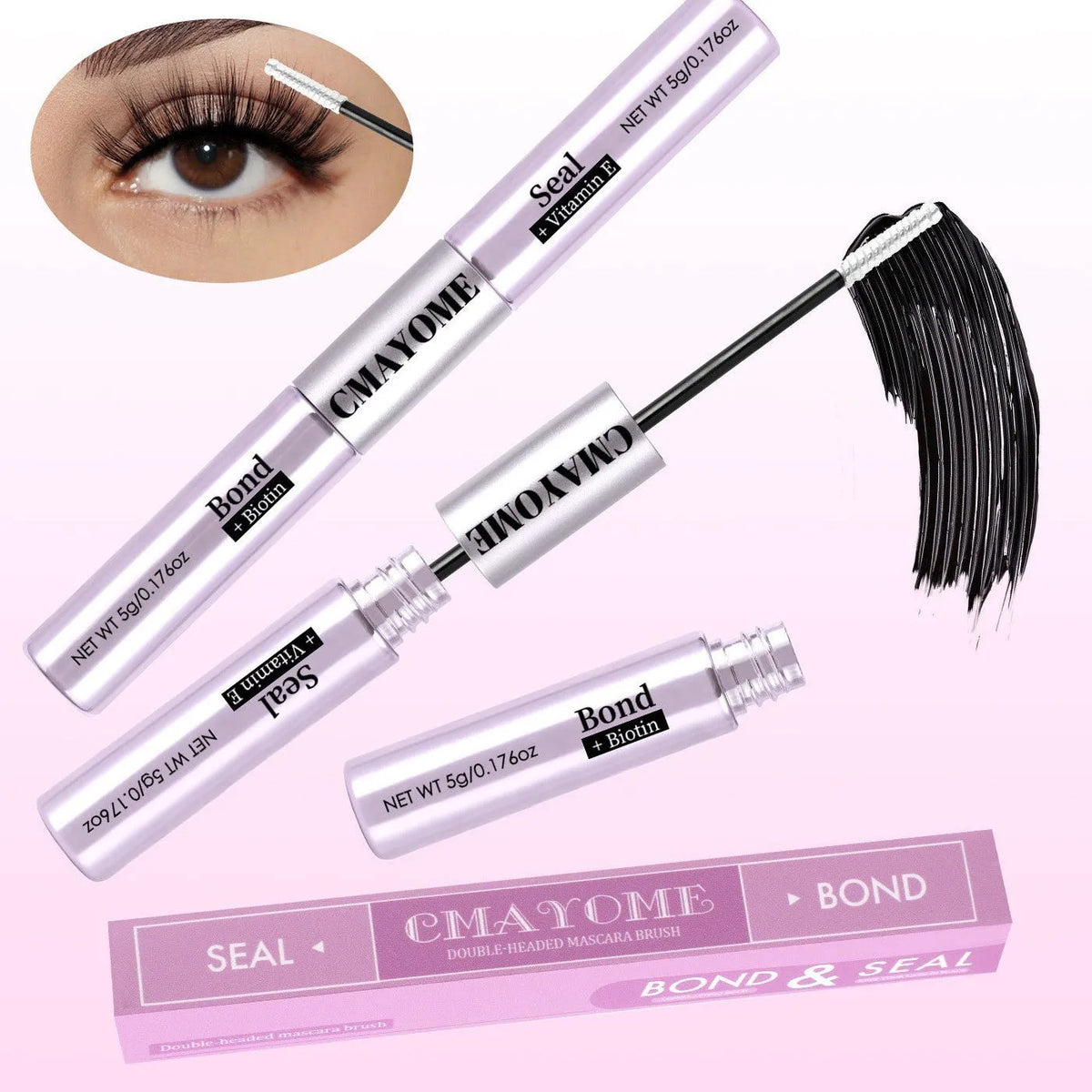 Double-headed eyelash glue tube with two applicator tips for precise lash application.