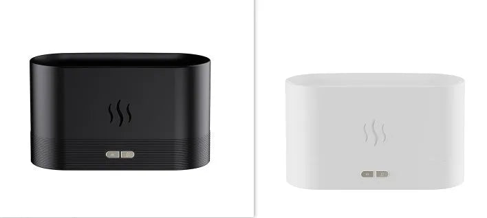 Black square ultrasonic aroma diffuser with flame light effect and mist output.