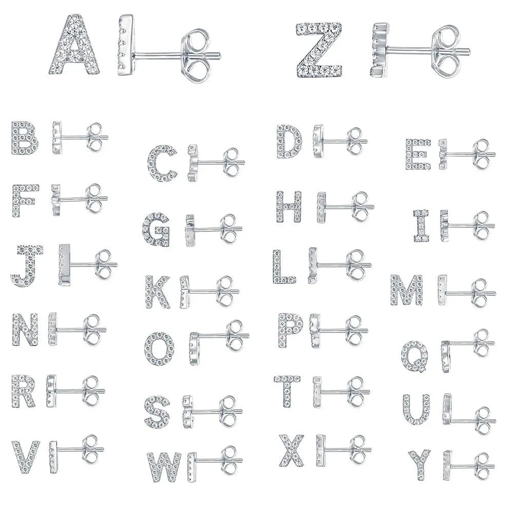 Brass gold plated alphabet letter earrings with zircon accents showing A-Z character options