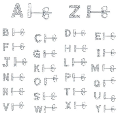 Brass gold plated alphabet letter earrings with zircon accents showing A-Z character options