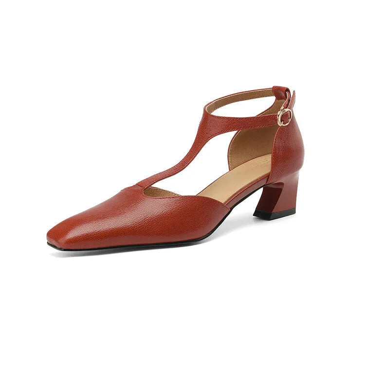 Wine red sheepskin leather high-heel shoes with square toe, chunky heel, and buckle fastening.