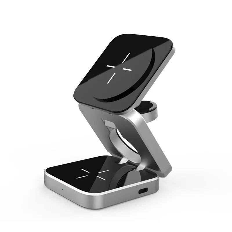 Silver foldable 3-in-1 wireless charging station for iPhone, Apple Watch and AirPods