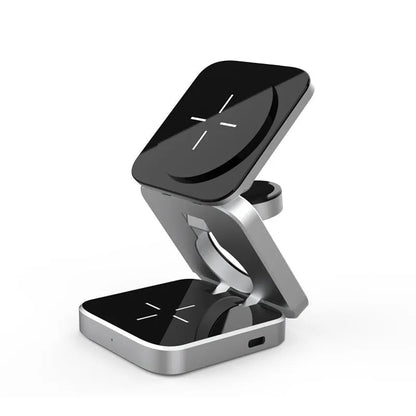 Silver foldable 3-in-1 wireless charging station for iPhone, Apple Watch and AirPods