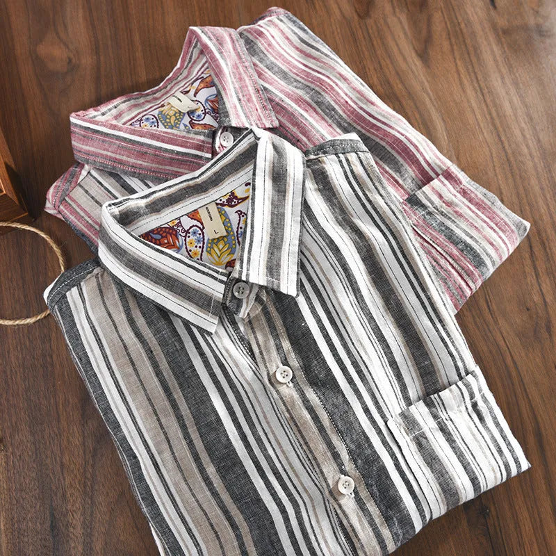 Men's grey striped linen shirt with long sleeves and loose casual fit
