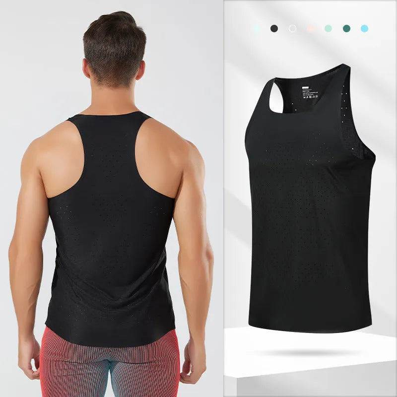 Men's sleeveless polyester running vest in seven colours, sizes S to 2XL, solid colour sports top
