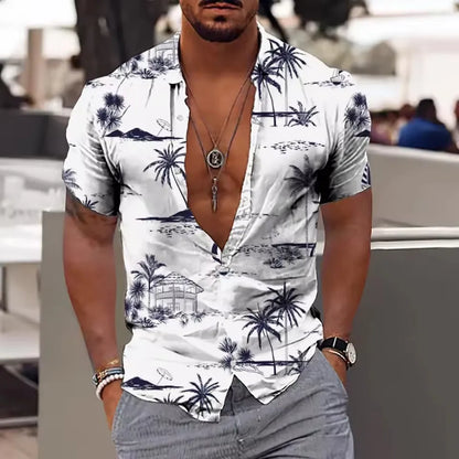 Men's loose fit short sleeve shirt with a colourful floral pattern, cardigan style.