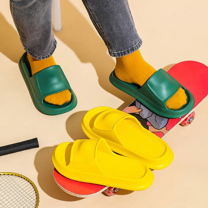 EVA flip-flop slippers with thick sole in multiple colours showing non-slip pattern