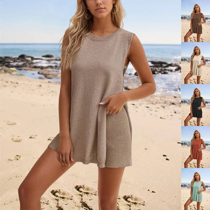 Stylish two-piece knit jumpsuit in a variety of vibrant colors, featuring a split-front top and comfortable shorts