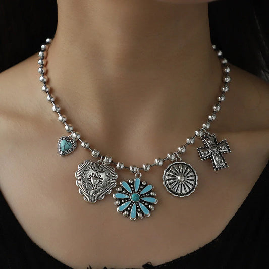 Elegant turquoise and cross-patterned personalized necklace set with vintage-inspired design