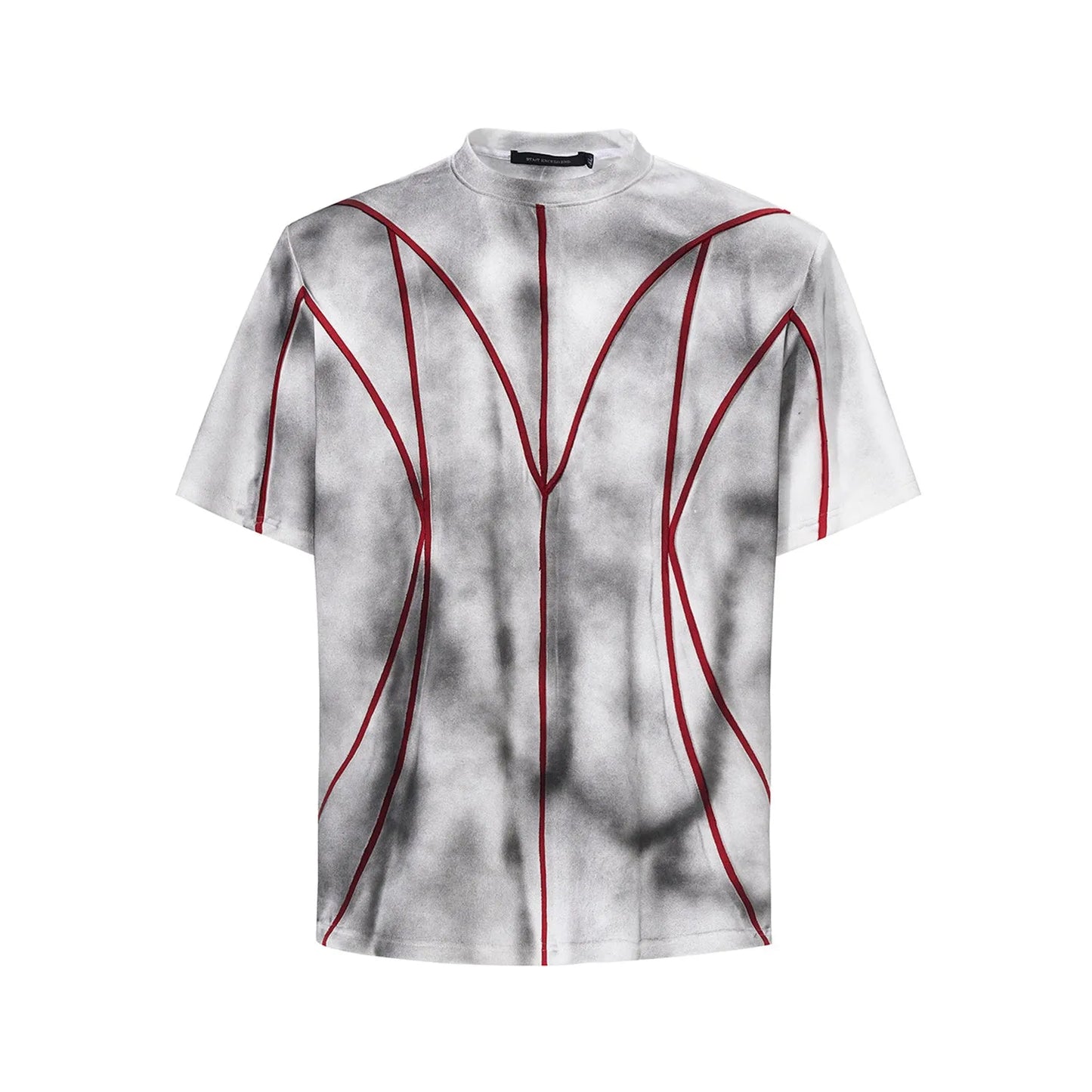 Padded shoulder short sleeve T-shirt with three-dimensional line patchwork detail on a mannequin.