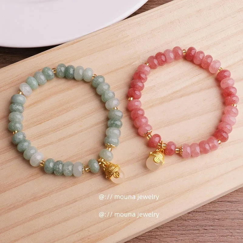 Handmade retro bracelet with lucky cat charm in strawberry quartz or grey jade