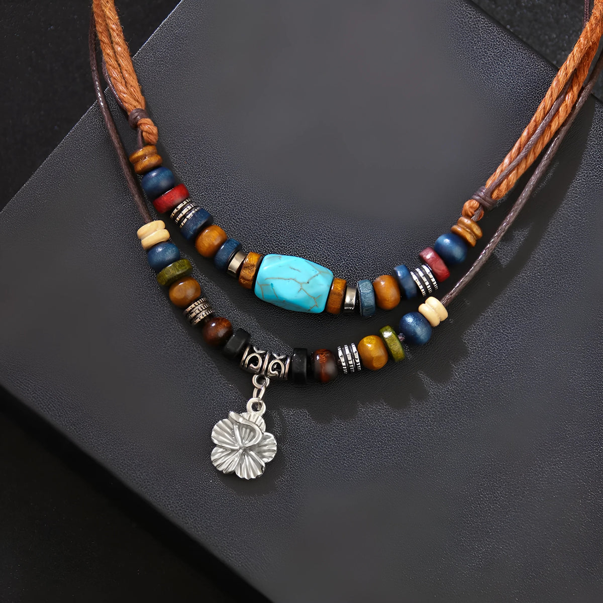 Men's wooden bead necklace with turquoise wax rope and alloy geometric flower pendant