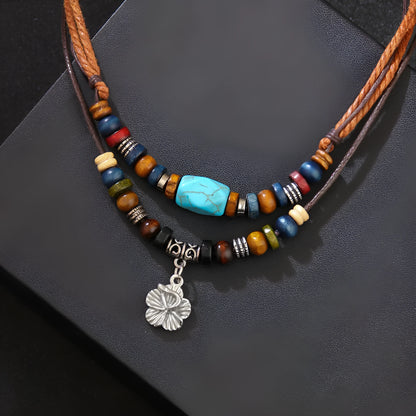 Men's wooden bead necklace with turquoise wax rope and alloy geometric flower pendant