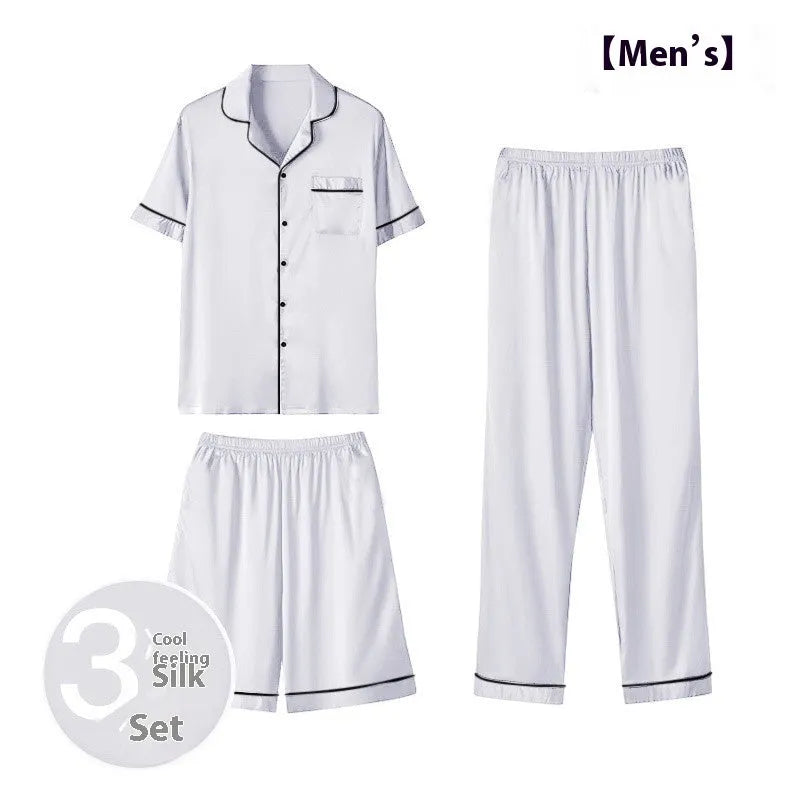 Men's ice silk three-piece home wear loungewear set showing shorts and trousers in a selected colour.