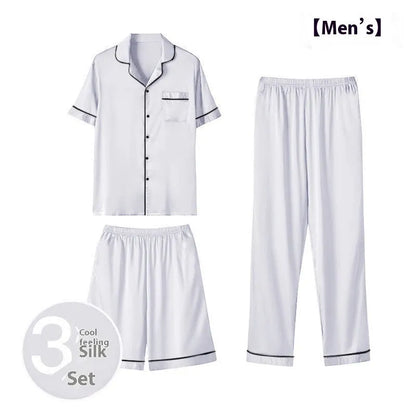 Men's ice silk three-piece home wear loungewear set showing shorts and trousers in a selected colour.