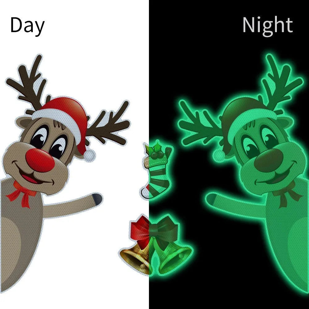 Cartoon Christmas elk bell design on a reflective magnetic luminous car bumper sticker.