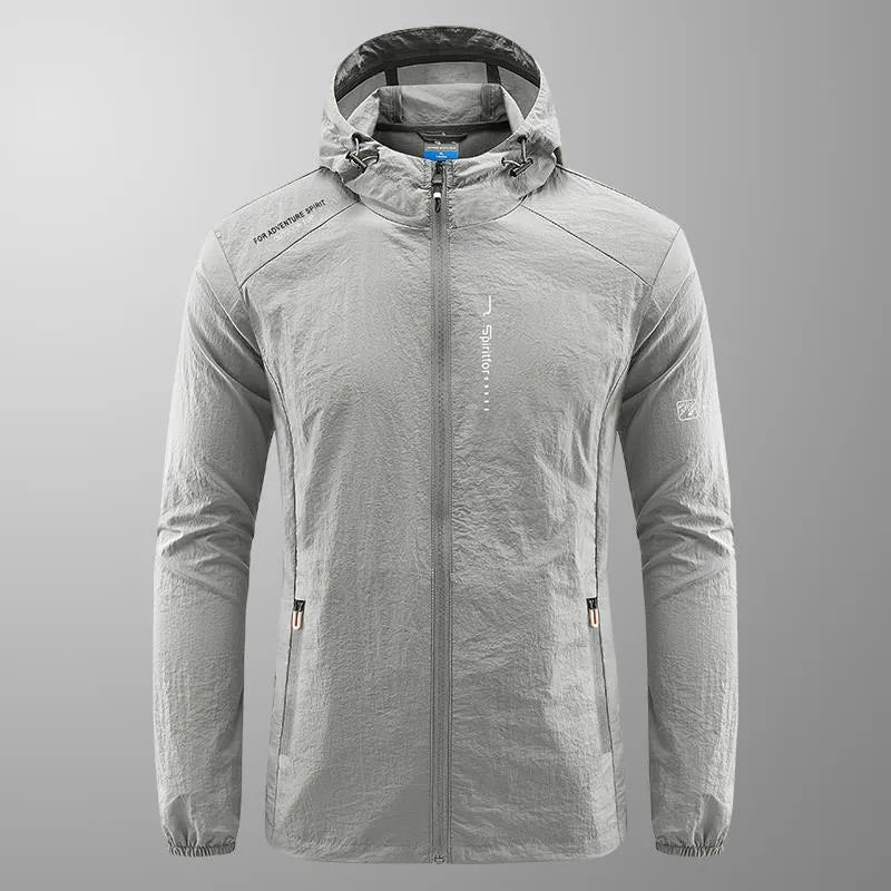 Men's lightweight nylon hooded jacket for sun protection in a loose fit, shown in dark blue.