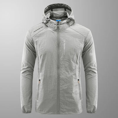Men's lightweight nylon hooded jacket for sun protection in a loose fit, shown in dark blue.