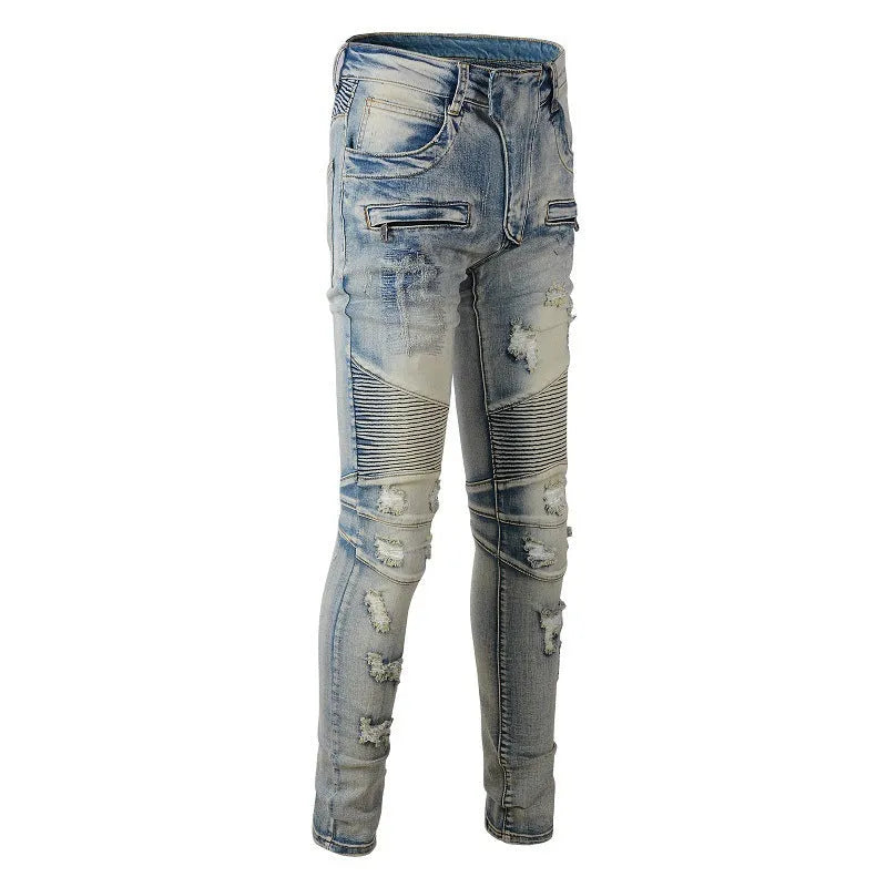 Light blue men's slim-fit distressed jeans with hand-frayed detailing and elastic stretch