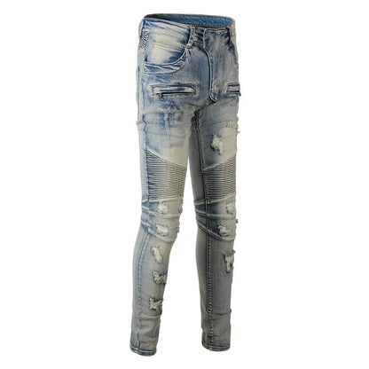 Light blue men's slim-fit distressed jeans with hand-frayed detailing and elastic stretch