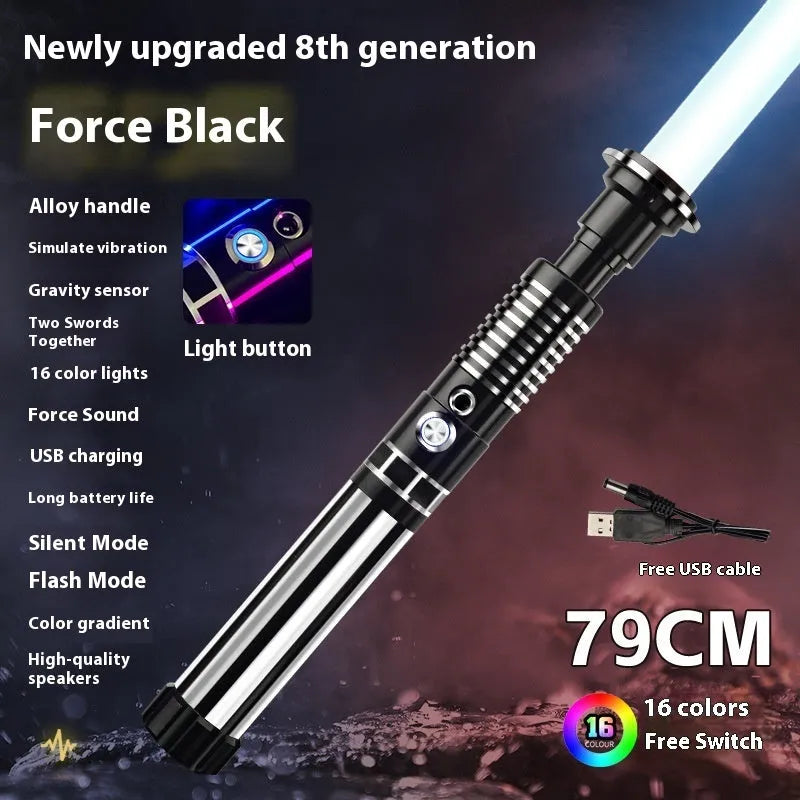 Metal rechargeable laser sword toy with gravity induction, 16 colour-changing lights, and 8 sound effects for children aged 7-14.
