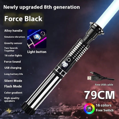 Metal rechargeable laser sword toy with gravity induction, 16 colour-changing lights, and 8 sound effects for children aged 7-14.