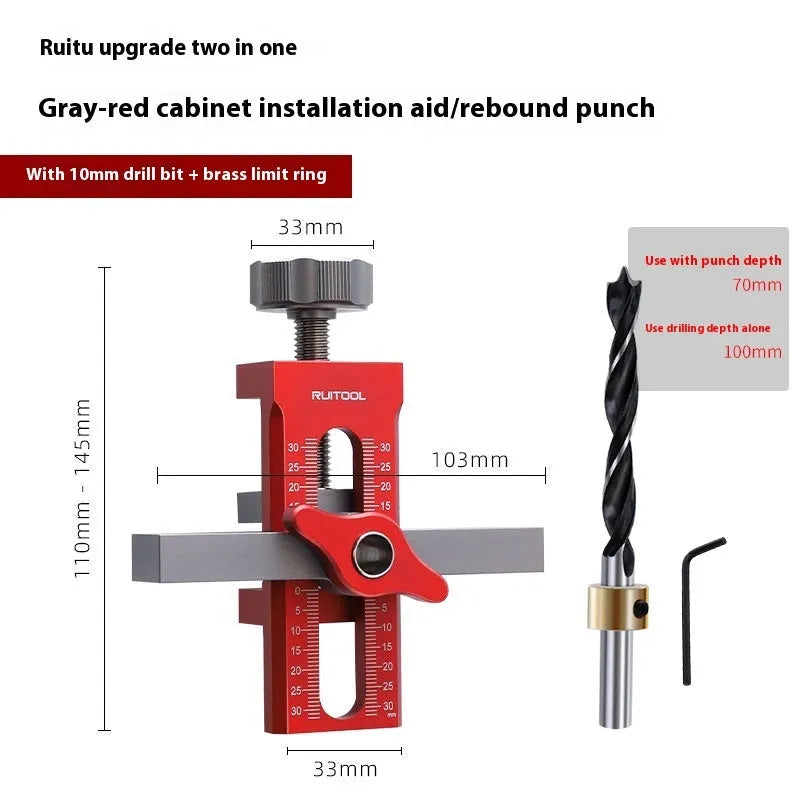 Aluminium alloy cabinet door installation jig for hinge and handle fitting.