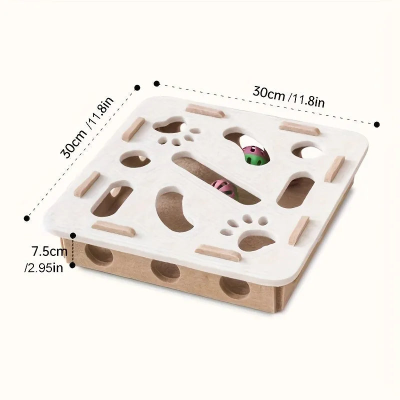Interactive felt cat puzzle toy with maze tunnel, pathways, and bell ball, available in Circle or Square shape and four colours.