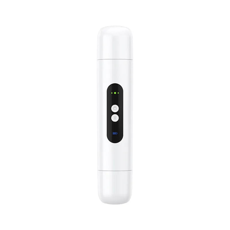 White and pink portable electric body hair trimmer with USB charging cable.