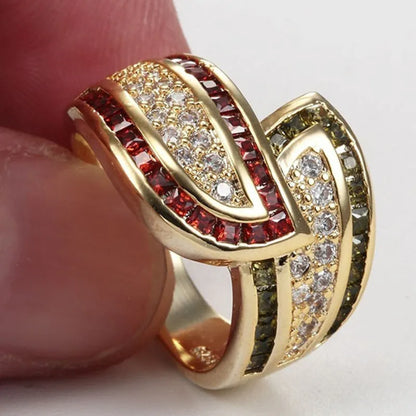 Women's peridot colour ring with gold metallic finish showing front view