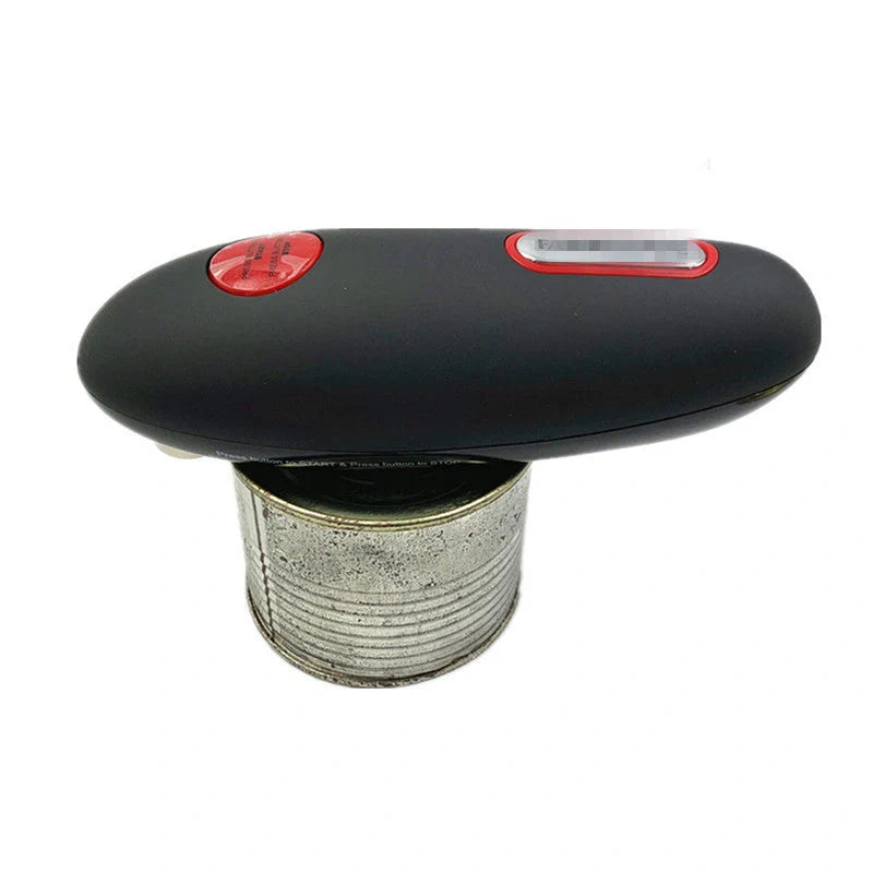 Cordless electric can opener in black, featuring safety grooves and automatic operation