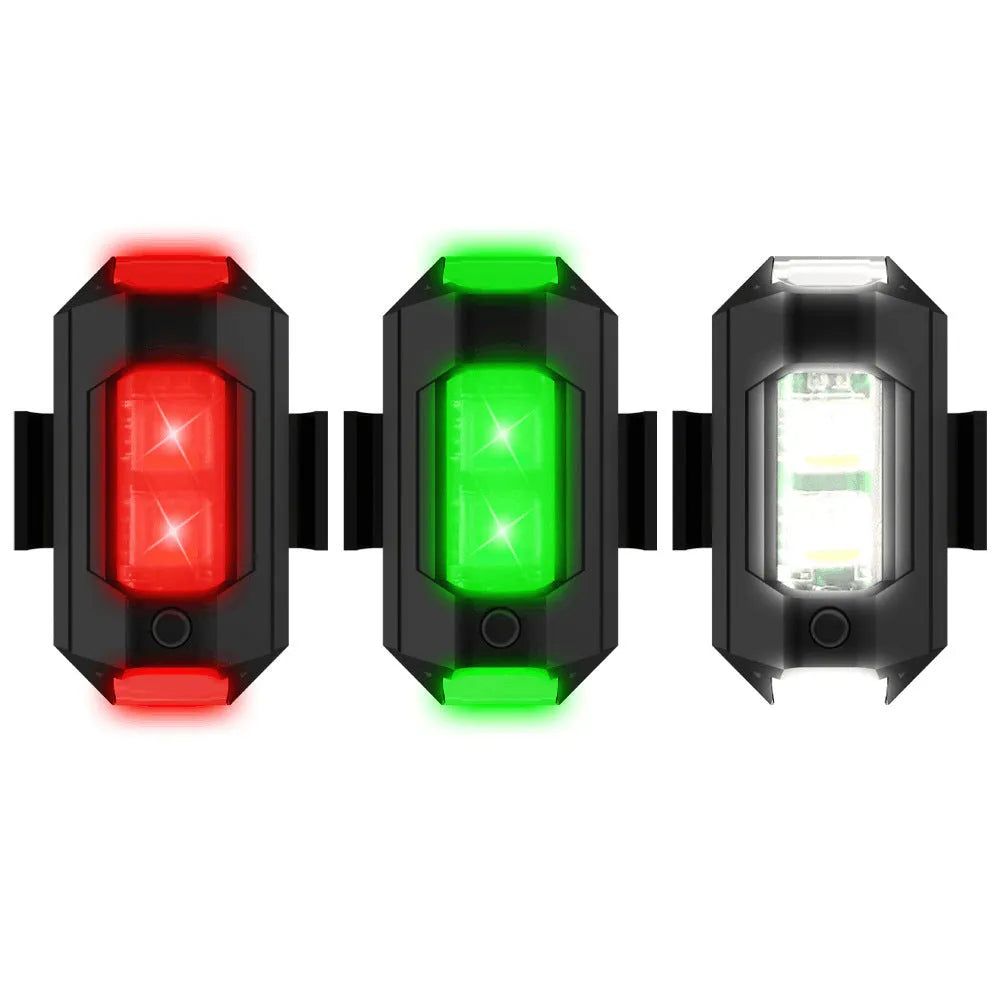 Universal drone strobe light with 7 colour LED, USB Type-C cable, and mounting tape on a white background.