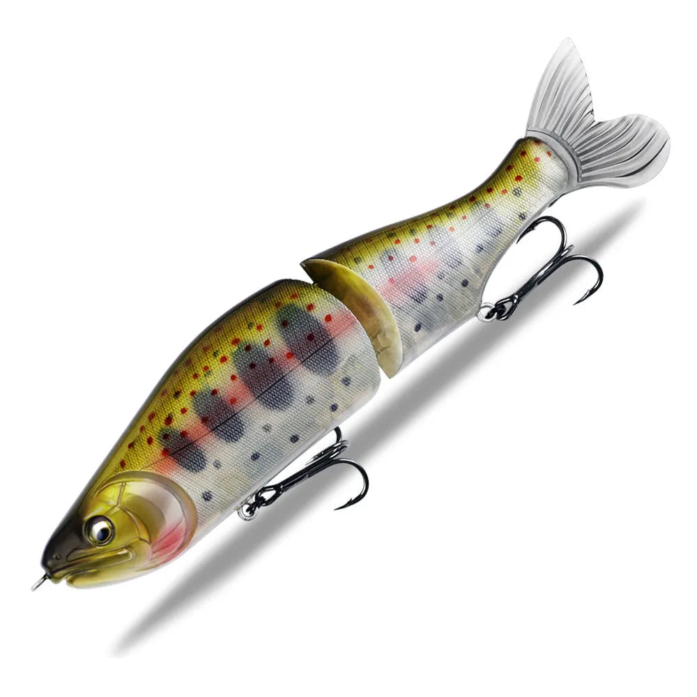 A 185mm hard plastic fishing swim bait in a natural green colour with detailed scales and 3D eyes.