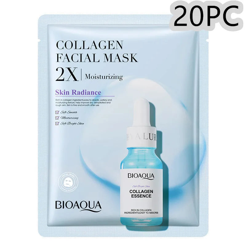 White collagen and hyaluronic acid facial sheet mask in 30g gel format on skin