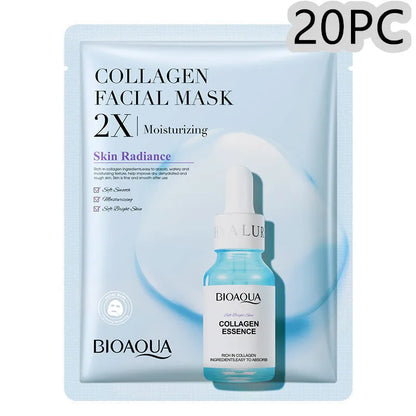 White collagen and hyaluronic acid facial sheet mask in 30g gel format on skin