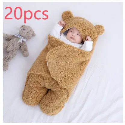 Baby quilted sleeping bag wrapper in cotton blend fabric showing size and colour options