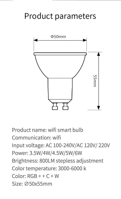A white GU10 smart LED spotlight bulb with RGBCCT colour and Wi-Fi connectivity.