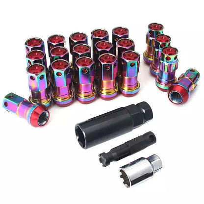 Set of aluminium alloy wheel hub nuts in various colours including red, gold, blue, purple and black combinations