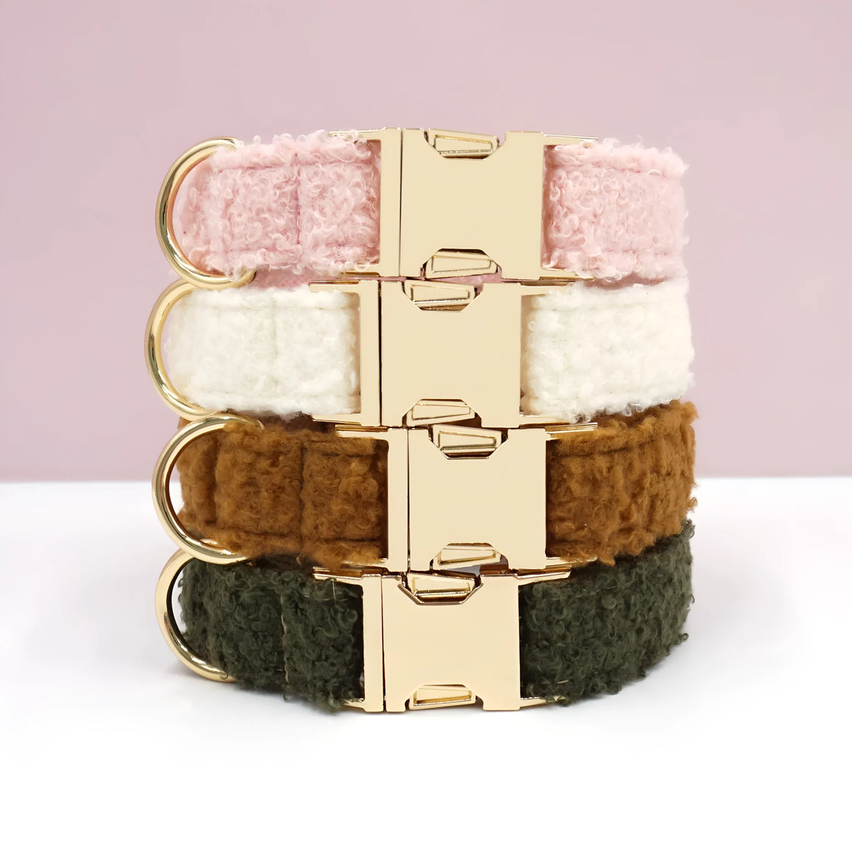 Teddy plush dog collar in white, pink, brown or military green polyester with adjustable lettering, sizes XS to XL