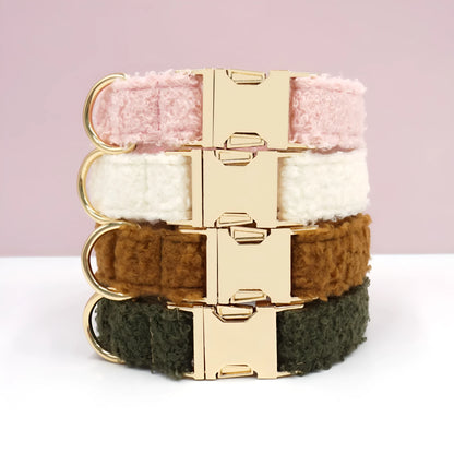 Teddy plush dog collar in white, pink, brown or military green polyester with adjustable lettering, sizes XS to XL