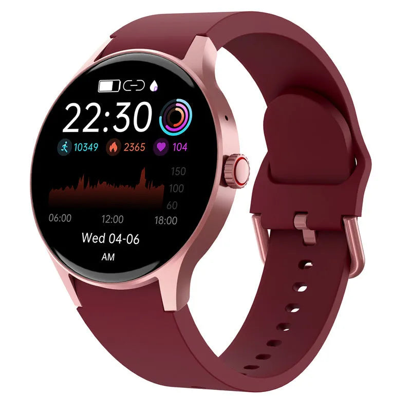 46mm smart Bluetooth sport watch with round colour touchscreen on wrist, shown in black, blue, pink, or red.