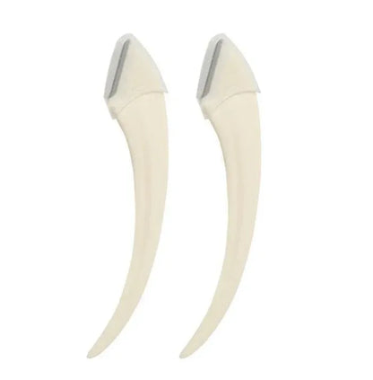 A curved moon-shaped eyebrow trimming knife and a cutting comb on a white background.